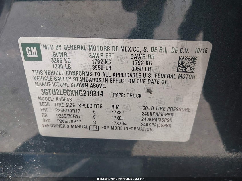 GMC SIERRA 1500 2017 VIN 3GTU2LECXHG219314