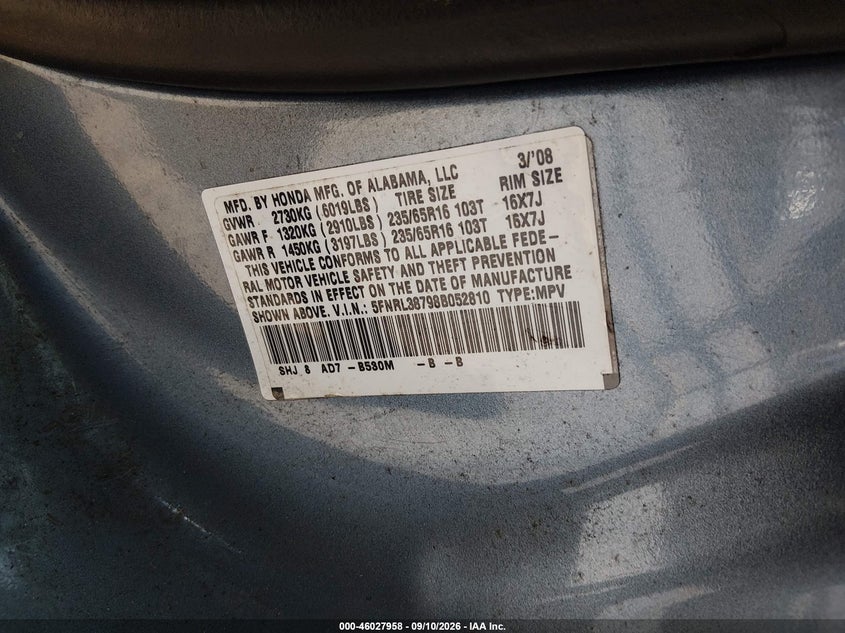 HONDA ODYSSEY 2008 VIN 5FNRL38798B052810