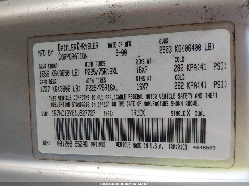 DODGE RAM 1500 2001 VIN 1B7HC13Y01J527727