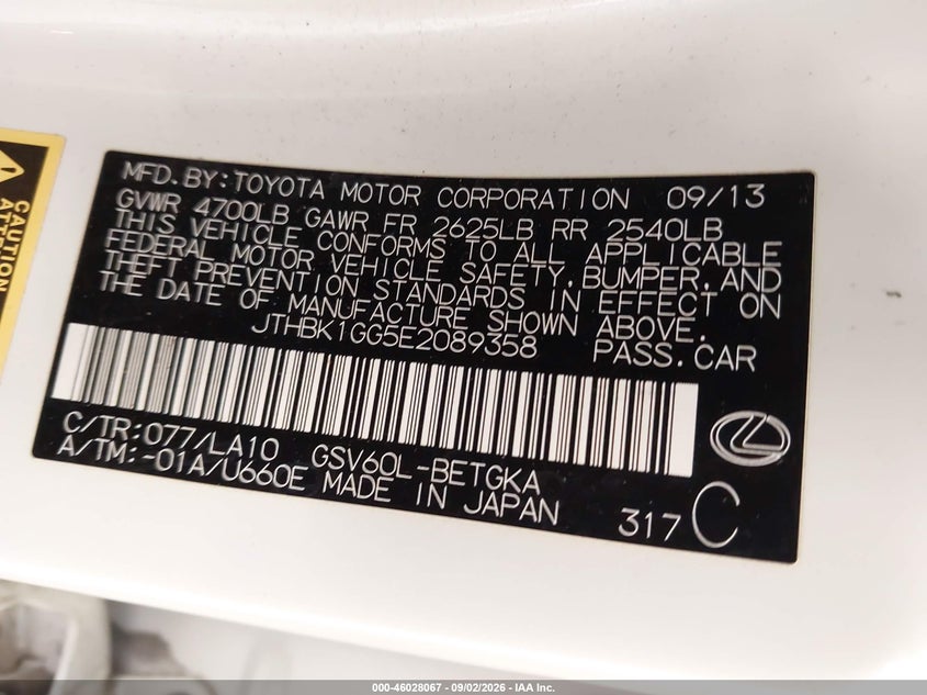 LEXUS ES 350 2014 VIN JTHBK1GG5E2089358