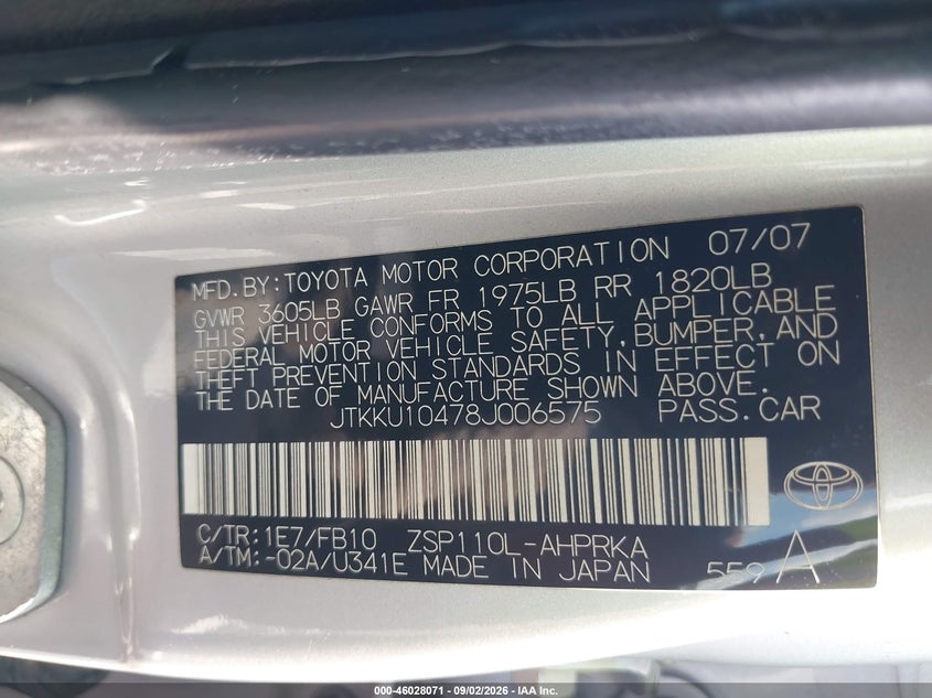 SCION XD 2008 VIN JTKKU10478J006575