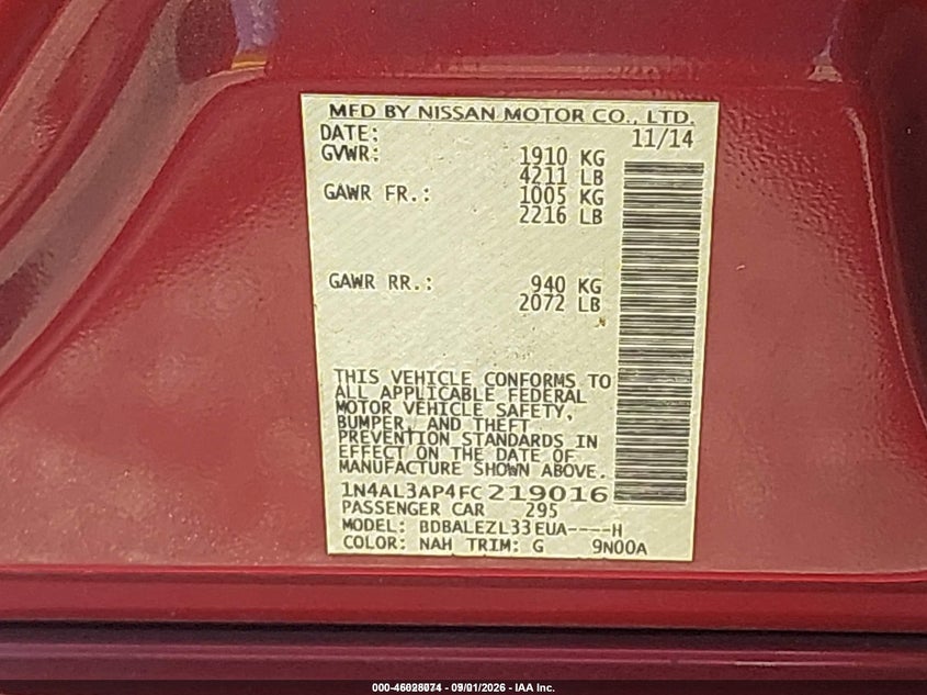 2015 NISSAN ALTIMA SEDAN 2.5L I-4 DOHC, VVT, 182HP