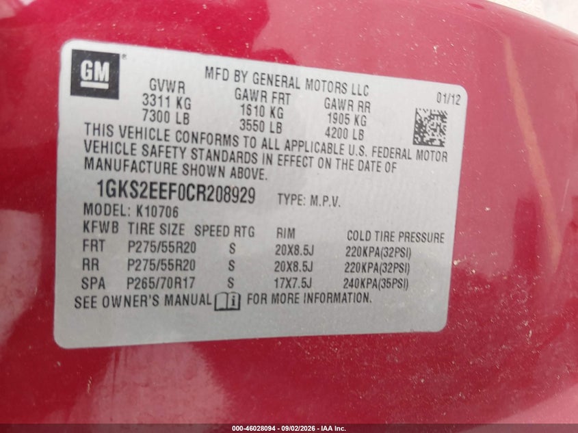 GMC YUKON 2012 VIN 1GKS2EEF0CR208929