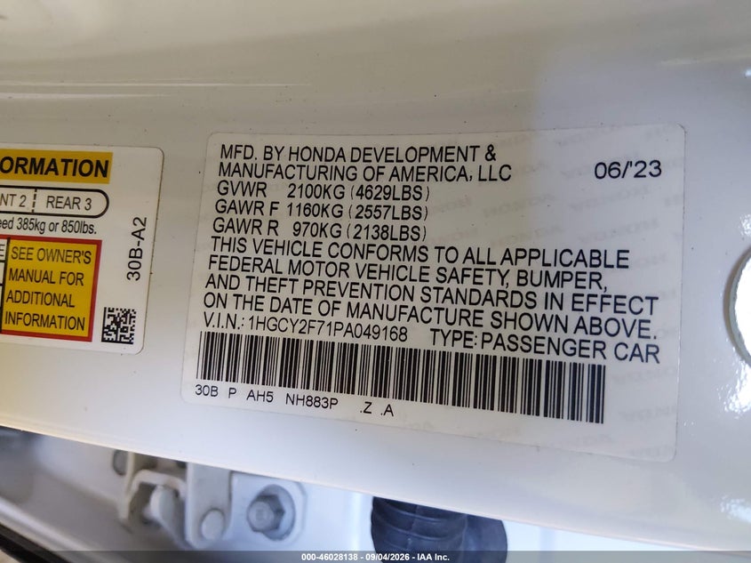 HONDA ACCORD HYBRID 2023 VIN 1HGCY2F71PA049168