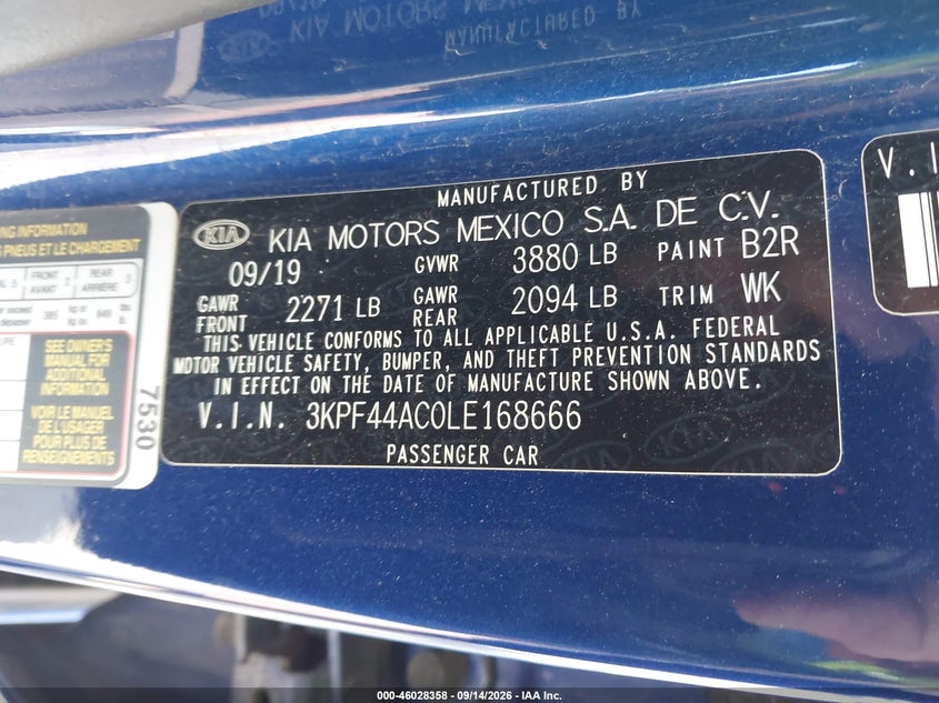KIA FORTE 2020 VIN 3KPF44AC0LE168666