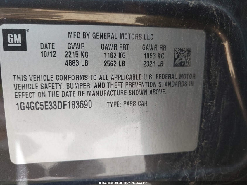 BUICK LACROSSE 2013 VIN 1G4GC5E33DF183690