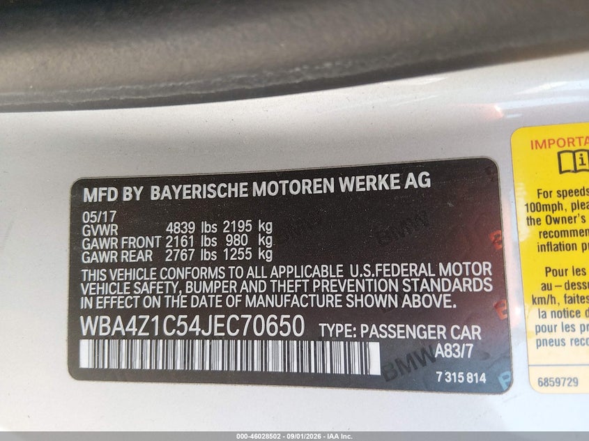 BMW 430I 2018 VIN WBA4Z1C54JEC70650