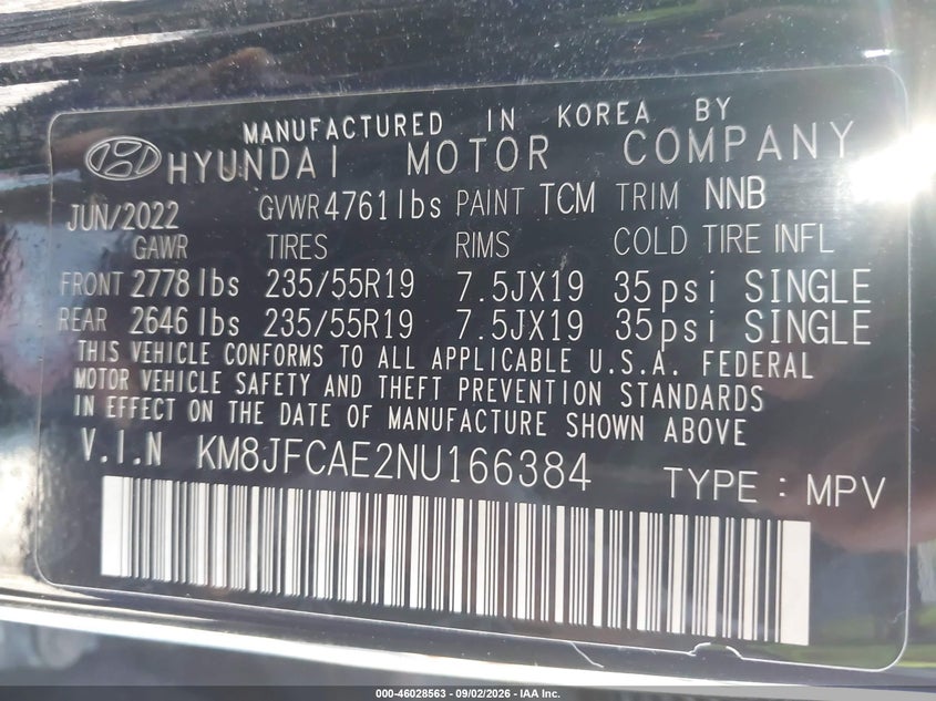 HYUNDAI TUCSON 2022 VIN KM8JFCAE2NU166384