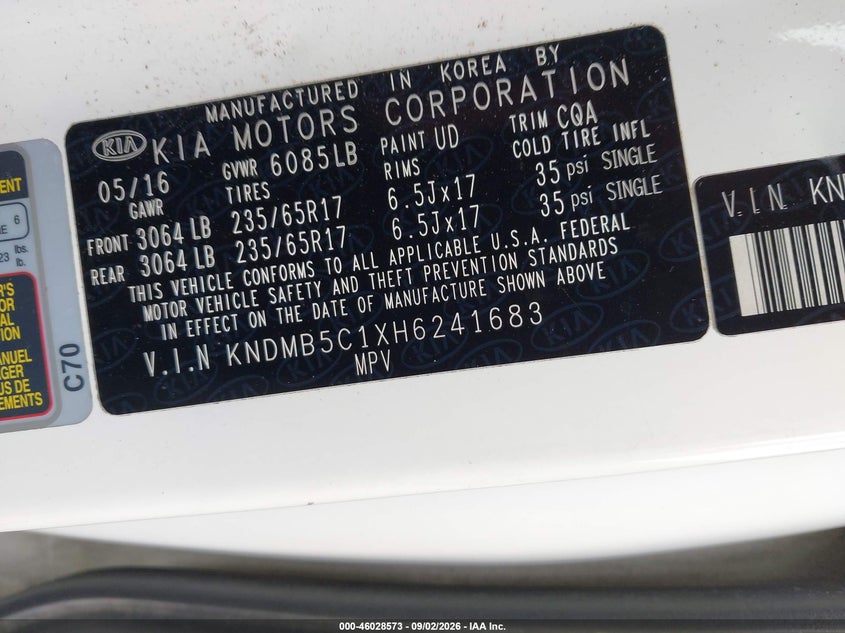 KIA SEDONA 2017 VIN KNDMB5C1XH6241683
