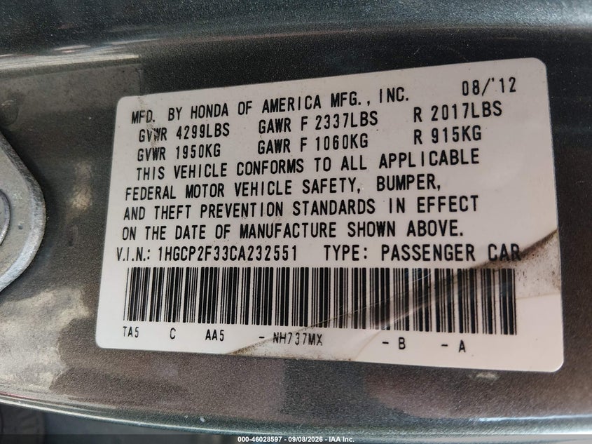 HONDA ACCORD SDN 2012 VIN 1HGCP2F33CA232551
