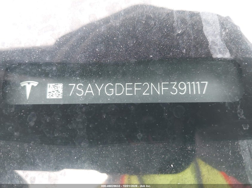 TESLA MODEL Y 2022 VIN 7SAYGDEF2NF391117