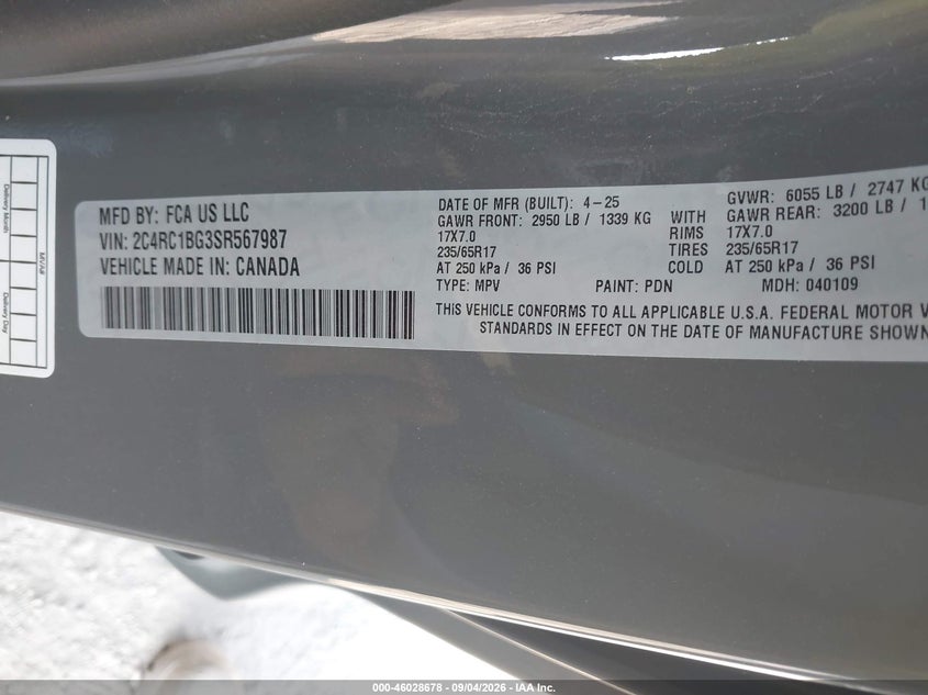 CHRYSLER PACIFICA 2025 VIN 2C4RC1BG3SR567987