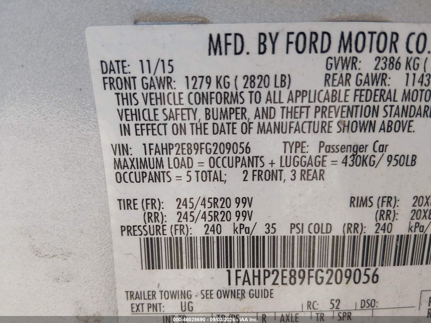 2015 FORD TAURUS SEDAN 3.5L V-6 DOHC, VVT, 288HP