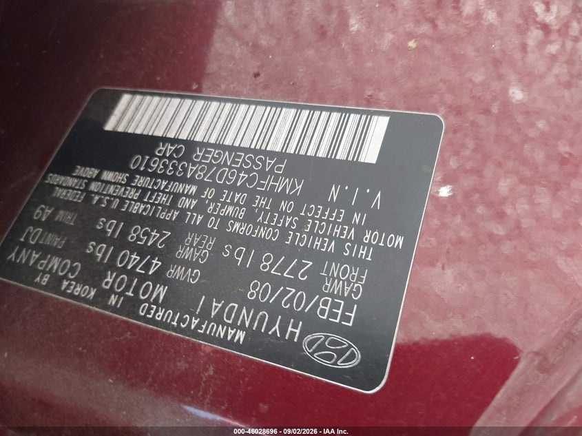 HYUNDAI AZERA 2008 VIN KMHFC46D78A333610