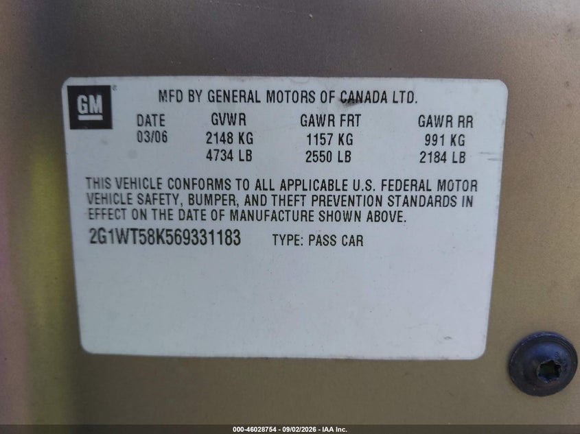 CHEVROLET IMPALA 2006 VIN 2G1WT58K569331183