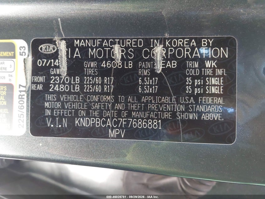 KIA SPORTAGE 2015 VIN KNDPBCAC7F7686881