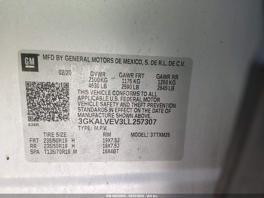 GMC TERRAIN 2020 VIN 3GKALVEV3LL257307