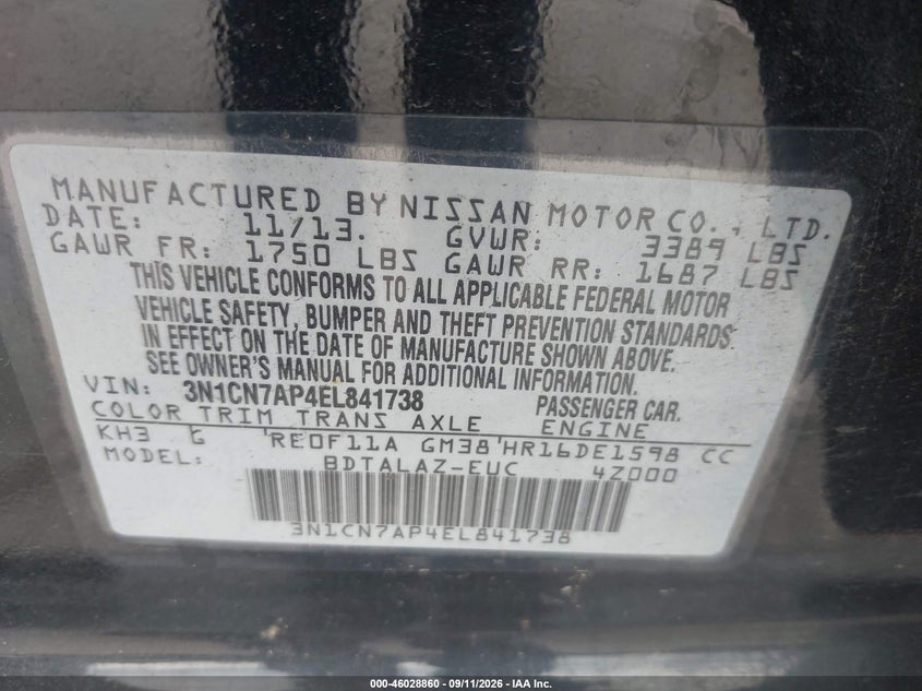 NISSAN VERSA 2014 VIN 3N1CN7AP4EL841738