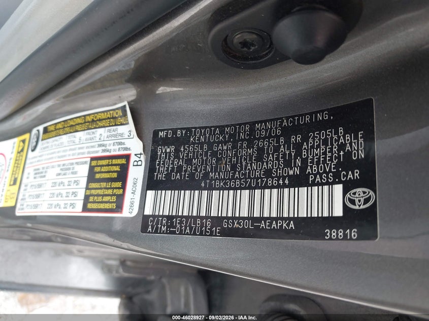 TOYOTA AVALON 2007 VIN 4T1BK36B57U178644