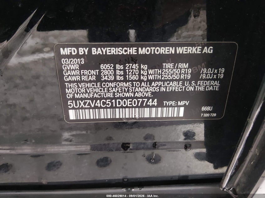 BMW X5 2013 VIN 5UXZV4C51D0E07744