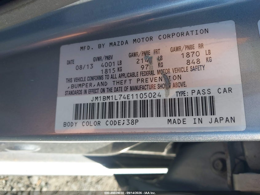 MAZDA MAZDA3 2014 VIN JM1BM1L74E1105024