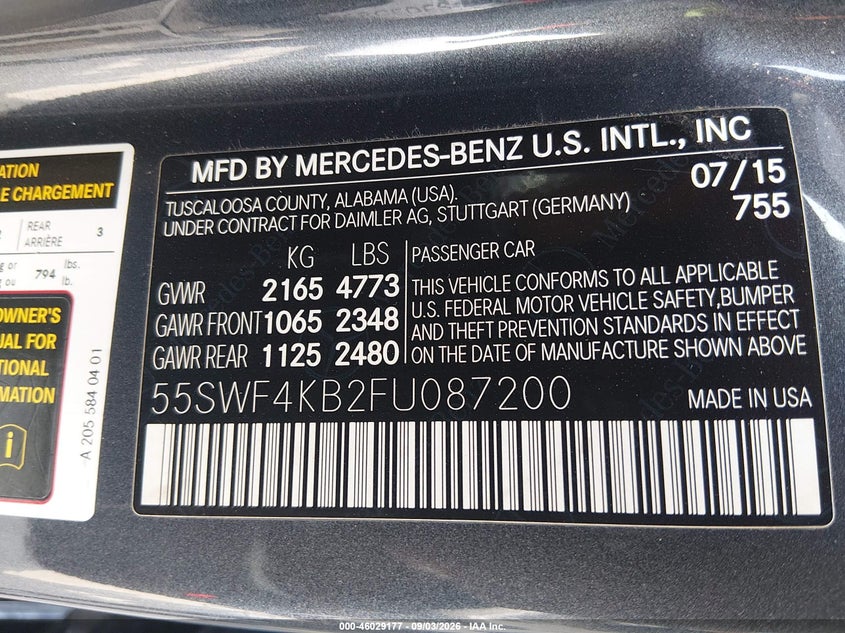 MERCEDES-BENZ C 300 2015 VIN 55SWF4KB2FU087200