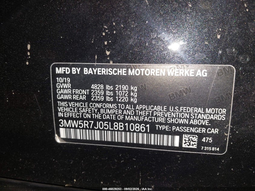 BMW 330I 2020 VIN 3MW5R7J05L8B10861