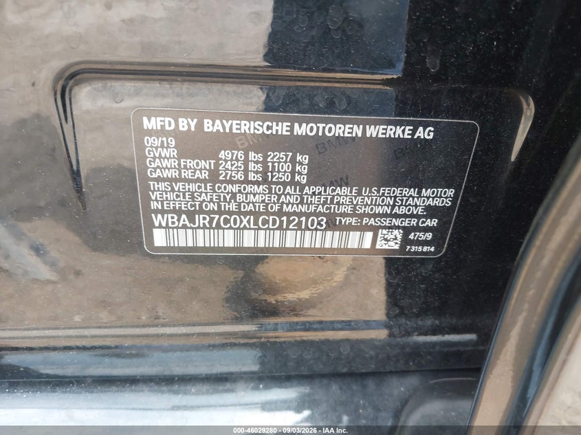 BMW 530I 2020 VIN WBAJR7C0XLCD12103