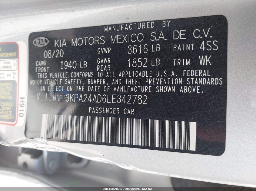 KIA RIO 2020 VIN 3KPA24AD6LE342782
