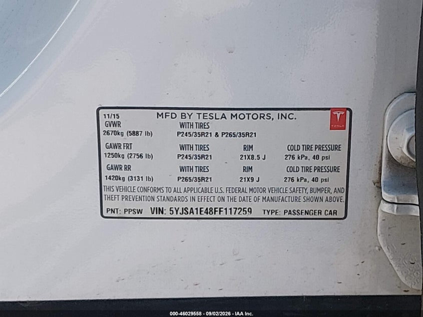 TESLA MODEL S 2015 VIN 5YJSA1E48FF117259