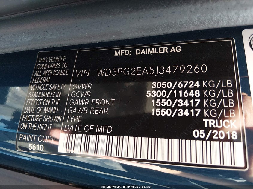 MERCEDES-BENZ METRIS 2018 VIN WD3PG2EA5J3479260