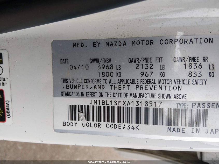 MAZDA MAZDA3 2010 VIN JM1BL1SFXA1318517