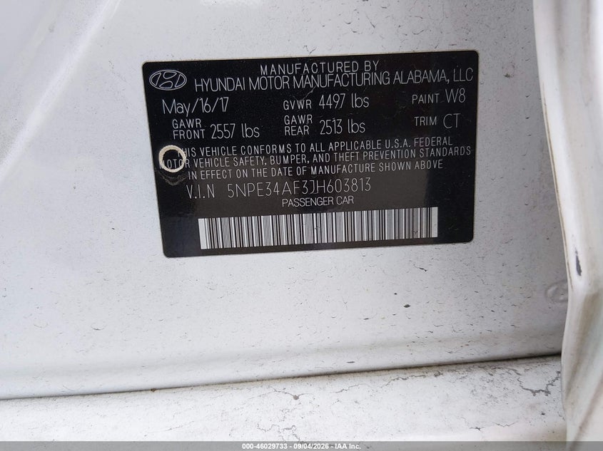 HYUNDAI SONATA 2018 VIN 5NPE34AF3JH603813