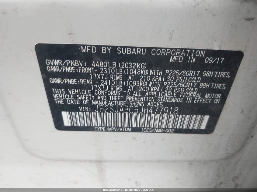 SUBARU FORESTER 2018 VIN JF2SJABC5JH477918