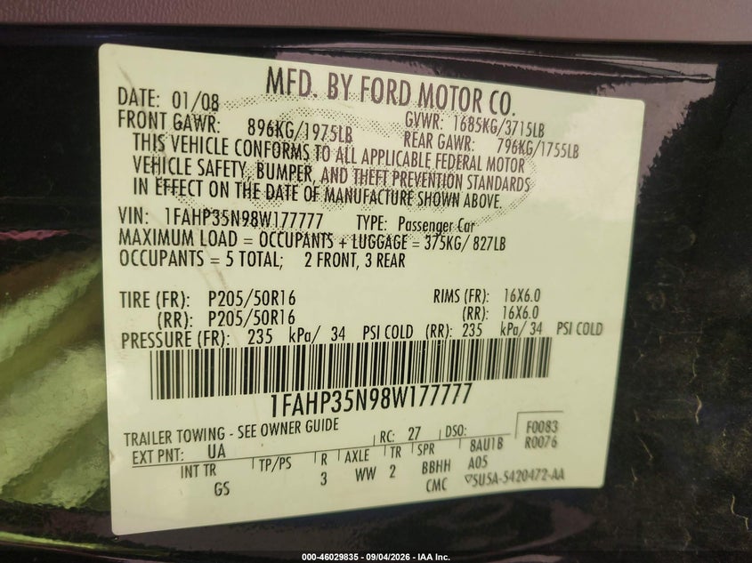 FORD FOCUS 2008 VIN 1FAHP35N98W177777