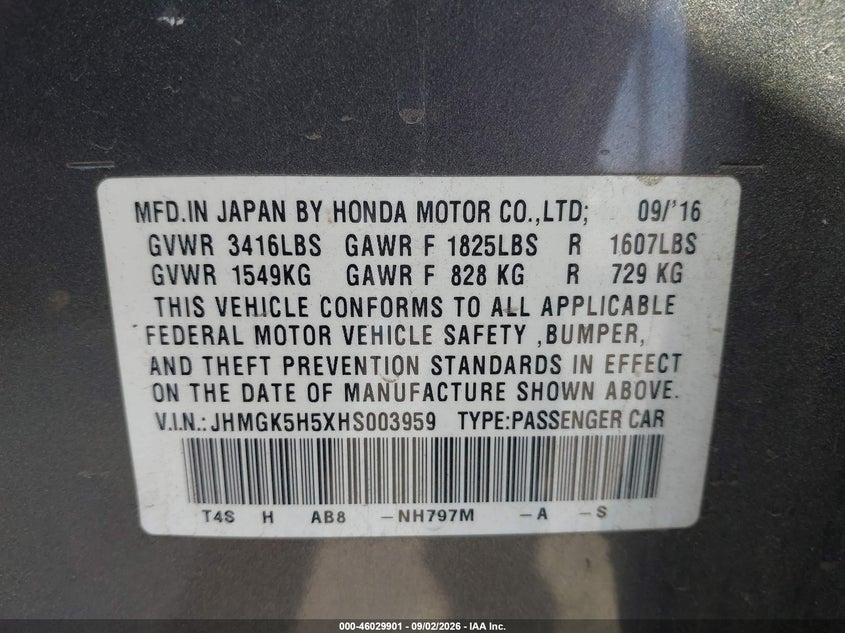HONDA FIT 2017 VIN JHMGK5H5XHS003959