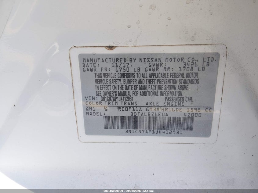 NISSAN VERSA 2018 VIN 3N1CN7AP1JK412931