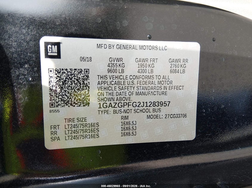 CHEVROLET EXPRESS 3500 2018 VIN 1GAZGPFG2J1283957