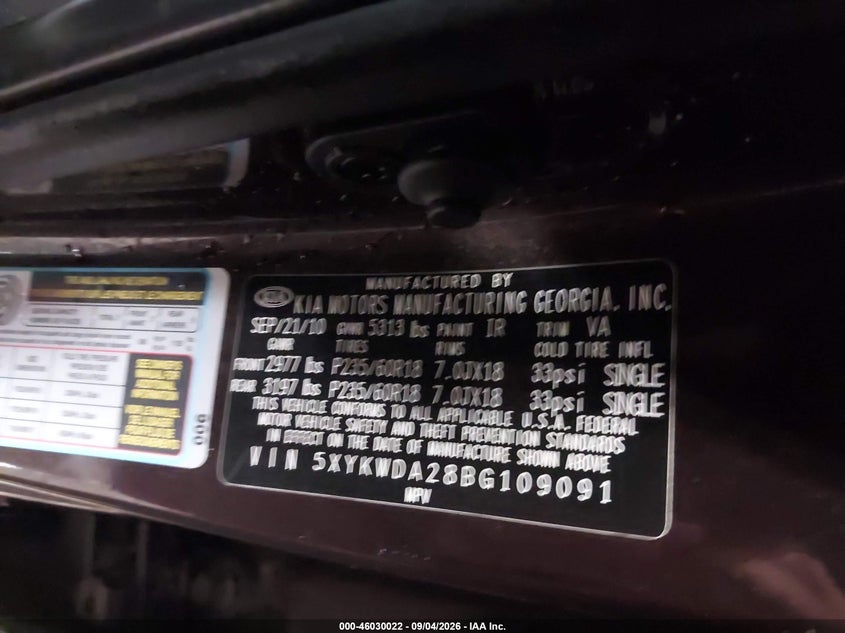 KIA SORENTO 2011 VIN 5XYKWDA28BG109091