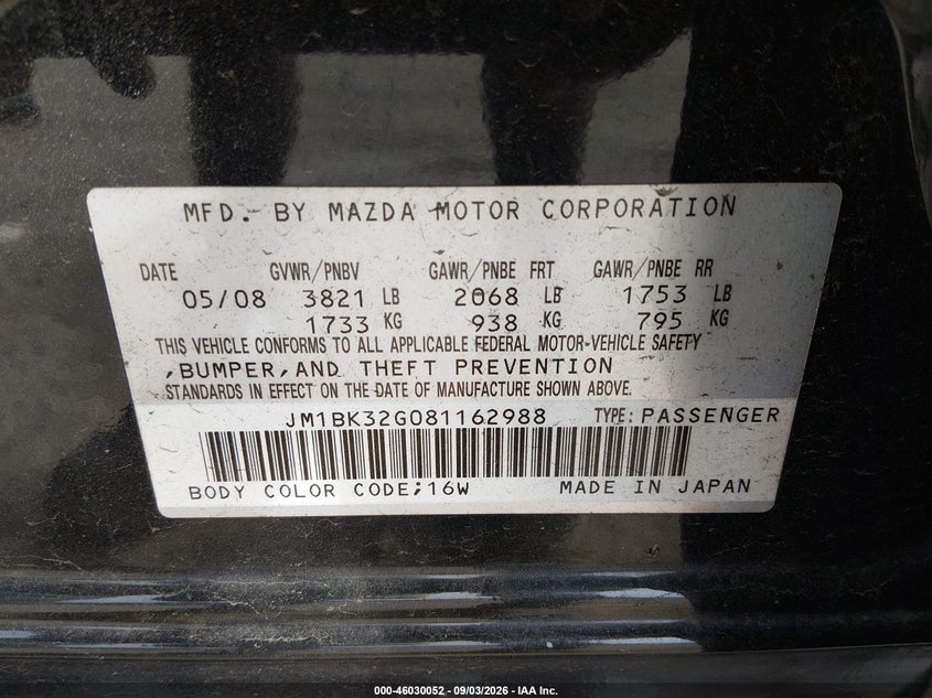 MAZDA MAZDA3 2008 VIN JM1BK32G081162988