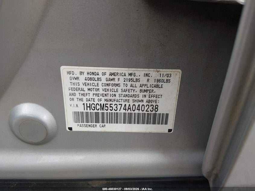 HONDA ACCORD 2004 VIN 1HGCM55374A040238