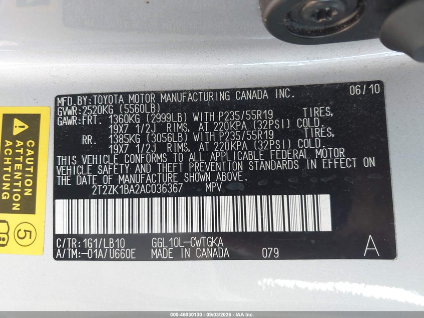 2010 LEXUS RX SPORT UTILITY VEHICLE 3.5L V-6 DOHC, VVT, 275HP