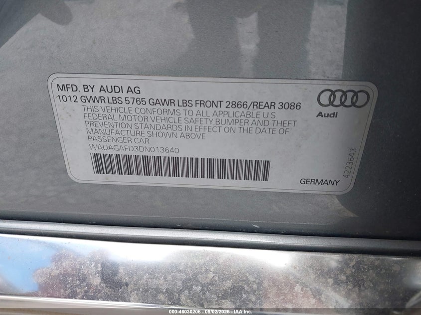 AUDI A8 2013 VIN WAUAGAFD3DN013640