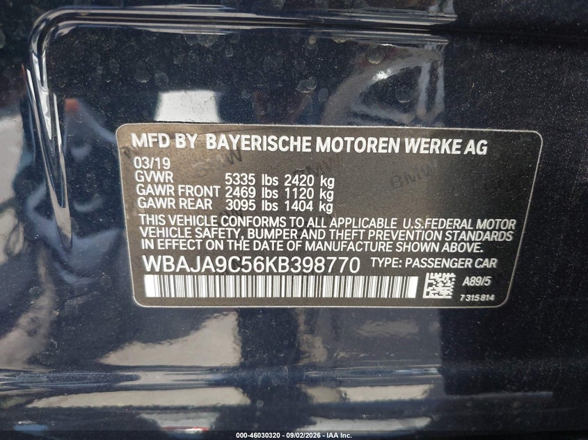 BMW 530E 2019 VIN WBAJA9C56KB398770