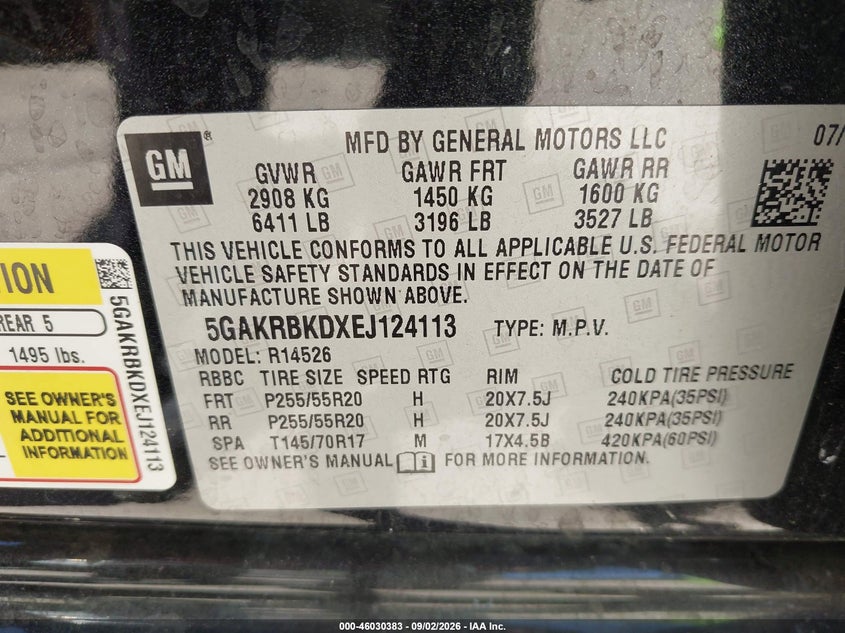 2014 BUICK ENCLAVE SPORT UTILITY VEHICLE 3.6L V6 FI DOHC 24V NF4
