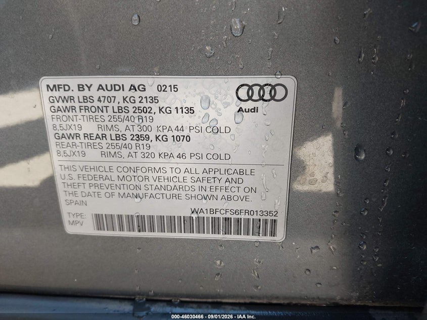 AUDI Q3 2015 VIN WA1BFCFS6FR013352