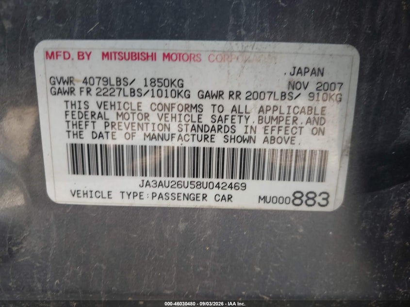 MITSUBISHI LANCER 2008 VIN JA3AU26U58U042469
