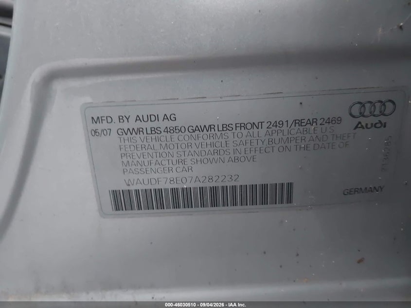 AUDI A4 2007 VIN WAUDF78E07A282232