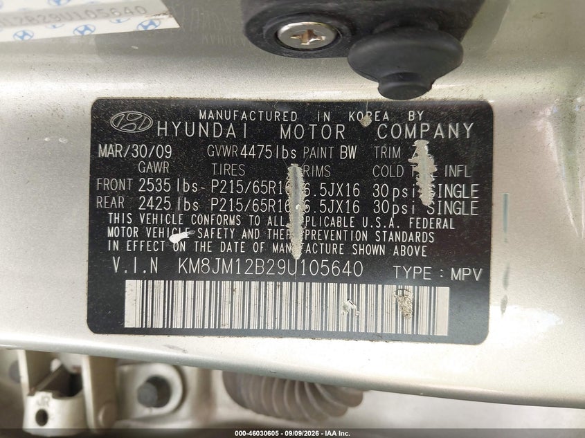 HYUNDAI TUCSON 2009 VIN KM8JM12B29U105640