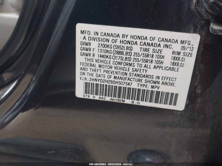 ACURA MDX 2013 VIN 2HNYD2H29DH507547